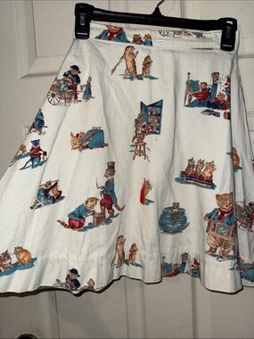 White Circle Skirt with Vintage Cat Storybook Print